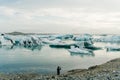 tourist woman on travel on Iceland by Jokulsarlon glacial lagoon on Iceland