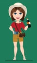 Tourist woman, traveler with bottle of soda water. Cute cartoon character.