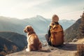 Tourist Woman Traveling With Dog, Admiring Mountain View Royalty Free Stock Photo