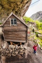 Tourist visiting Helleren houses in Jossingfjord, Norway Royalty Free Stock Photo