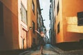 Tourist woman walking in Stockholm enjoying old streets Royalty Free Stock Photo