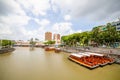 Tourist Wooden Boat on Singapore river and Attraction at Clark Quay in Singapore