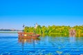 The tourist wooden leisure boat sails along Dnieper river, Dnipro, Ukraine