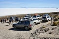 Tourist 4x4s waiting to cross the salt flats. Coqueza Canton, Bolivia, October 11, 2023. Royalty Free Stock Photo