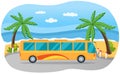 Tourist yellow bus with tinted windows driving on road. Public transport for transporting people