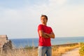 Tourist young European man with beard. Smiles Royalty Free Stock Photo