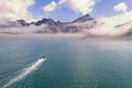 a tourist Zodiac enters the foggy bay of the now abandoned whaling station at Grytviken - on South Georgia.