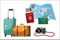 Touristic accessory and attributes set. Suitcase, paper world map, passport, purse, camera. Objects isolated on white Royalty Free Stock Photo