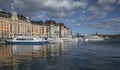 Touristic boats/hotel buildings/blue skies, Stockholm.