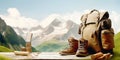 Touristic equipment, backpack and hiking boots on wooden board bench in mountains. Travel concept background. Created with Royalty Free Stock Photo