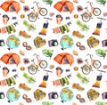 Touristic equipment, nature elements. Watercolour repeating pattern for travel design, Tourist day