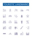 Touristic landmarks line icons signs set. Design collection of Tourist, Landmarks, Monuments, Palaces, Churches, Castles