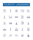 Touristic landmarks line icons signs set. Design collection of Tourist, Landmarks, Monuments, Palaces, Churches, Castles