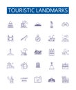 Touristic landmarks line icons signs set. Design collection of Tourist, Landmarks, Monuments, Palaces, Churches, Castles