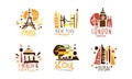 Touristic Logo Templates Design, Travel over the World, Paris, Dubai, London, Berlin, Seoul, New Yyork Emblems Hand