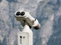 Touristic metal binoculars for mountain panorama observation. Detailed view