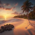 Touristic paradise: idyllic sunset beachscape, seashore, palms, Maldives oasis, warm tones. AI generated
