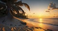 Touristic paradise: idyllic sunset beachscape, seashore, palms, Maldives oasis, warm tones. AI generated