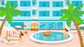 Touristic place hotel, relaxing people together chill out swimming pool, tropical vacation all inclusive inn flat vector Royalty Free Stock Photo