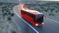 Touristic red bus on highway. Fast driving. realistic 3d rendering.