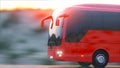 Touristic red bus on highway. Fast driving. realistic 3d rendering.