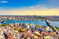 Touristic sightseeing ships in Golden Horn bay of Istanbul and view on Suleymaniye mosque with Halic bridge against blue sky. Royalty Free Stock Photo