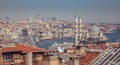 Touristic sightseeing ships in Golden Horn bay of Istanbul and view on Suleymaniye mosque with Sultanahmet district Royalty Free Stock Photo