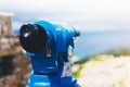 Touristic telescope look at the city Barcelona Spain, close up metal binoculars on background viewpoint overlooking the mountain Royalty Free Stock Photo
