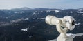 Touristic telescope and mountains range view. Rhodope Mountains, ski resort Pamporovo, Bulgaria