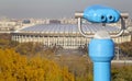 Touristic telescope viewer binoculars and view of central Moscow from Sparrow Hills