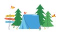 Touristic tent in wild forest with flying birds and road pointer. Concept of travel, recreation and ecotourism