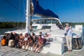 Tourists aboard modern catamaran in French Guiana