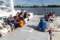 Tourists aboard modern catamaran in French Guiana