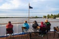 Tourists admire the fortress in Shlisselburg from the ship. Oreshek Fortress is a historical landmark of Russia Royalty Free Stock Photo