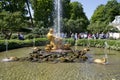 Tourists admire Greenhouse fountain with a sculpture of Triton,