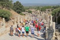 Tourists admiring ancient Greek and Roman Library Of Celsus at E