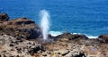 Tourists admiring the Nakalele blowhole on the Maui coastline. A jet of water and air is violently forced out through the hole in Royalty Free Stock Photo