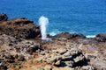Tourists admiring the Nakalele blowhole on the Maui coastline. A jet of water and air is violently forced out through the hole in Royalty Free Stock Photo