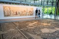 Tourists and ancient Roman mosaic in the museum and archeological Gallo-Roman site of Saint Romain en Gal Vienne France