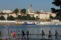 Tourists approaching famous Belgrade restaurants on river