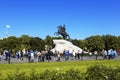 Tourists around sculpture of Emperor Peter the Great `Bronze horseman`. Senate square, St. Petersburg Royalty Free Stock Photo