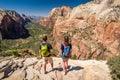 Tourists with backpack hiking in Zion Royalty Free Stock Photo