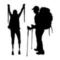 Tourists with backpacks man and woman on prosthetic legs, black silhouettes on a white background. Traveling people