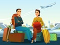 Tourists with backpacks and suitcases. In airport with international flights. Vacation by plane. Sits on luggage and