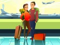 Tourists with backpacks and suitcases. Standing and smiling. In airport with international flights. Boy and girl or Royalty Free Stock Photo