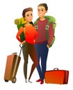 Tourists with backpacks and suitcases. Standing and smiling. Boy and girl or husband and wife. Isolated on white Royalty Free Stock Photo