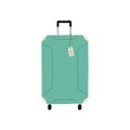 Tourists baggage with bag tag attached on string. Wheeled luggage, travel case for vacation, holiday, tourism. Package