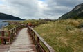 Tourists in the Bay Lapataia in the national Park of Tierra del Fuego.