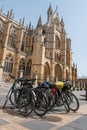 Tourists bicycles at Leon Cathedral, Spain.