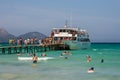 Tourists boarding off a cruise ship at Playa de Muro beach in Alcudia bay